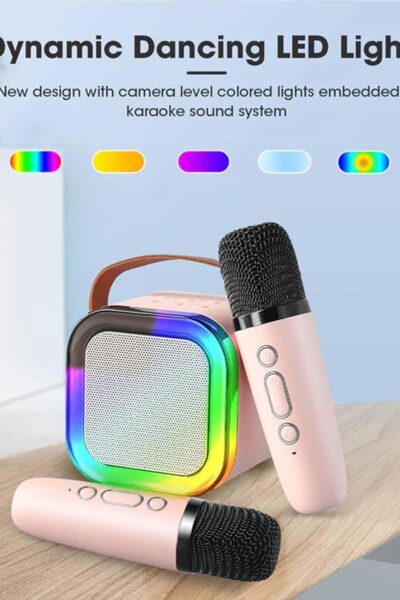 Nešiojama karaoke sistema su dviem mikrofonais + BLUETOOTH + LED