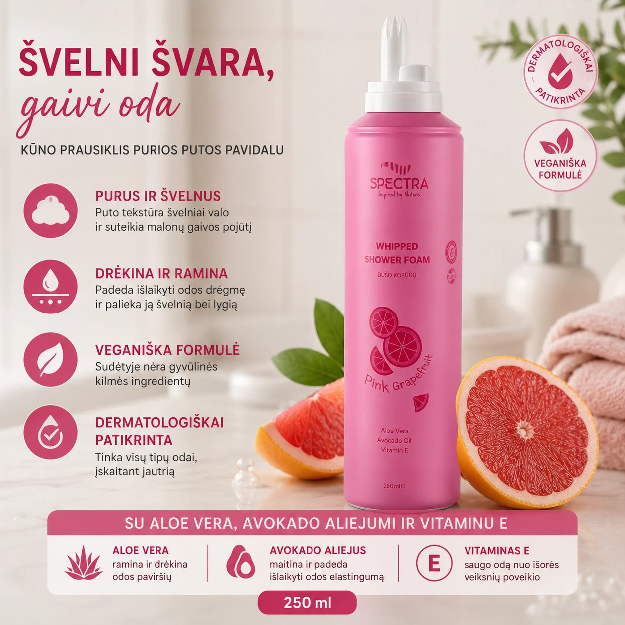 „Spectra Pink Grapefruit“ dušo putos su alaviju ir avokadų aliejumi, 250 ml - Image 3