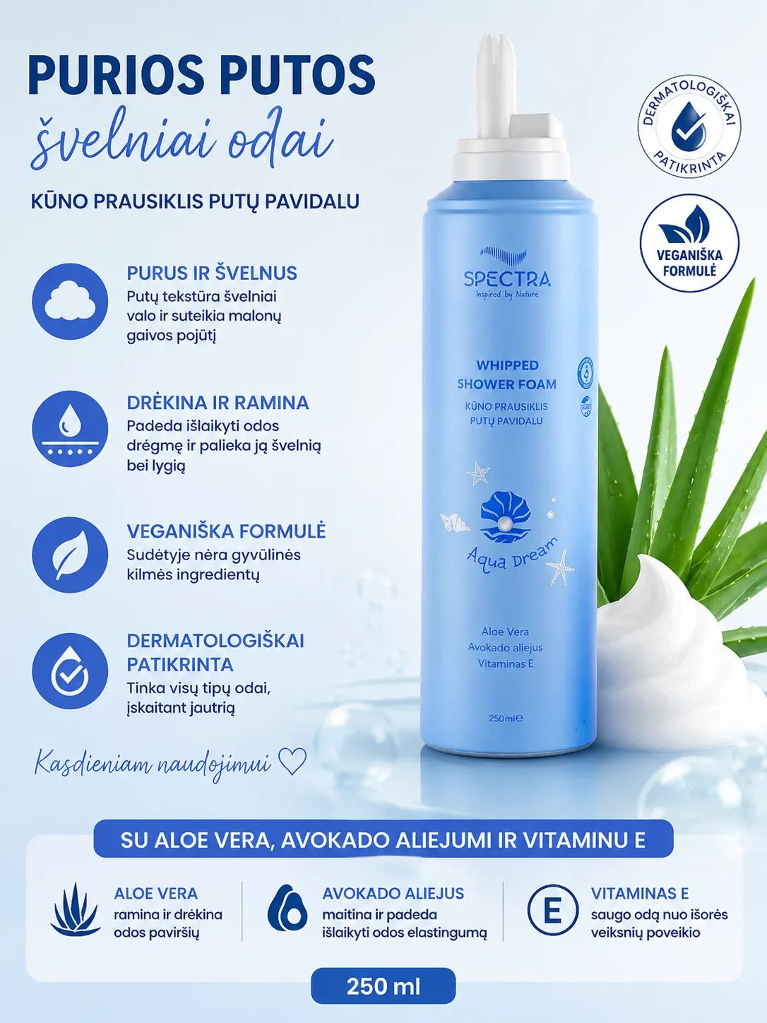 „Spectra Aqua Dream“ dušo putos su alaviju ir avokadų aliejumi, 250 ml - Image 2